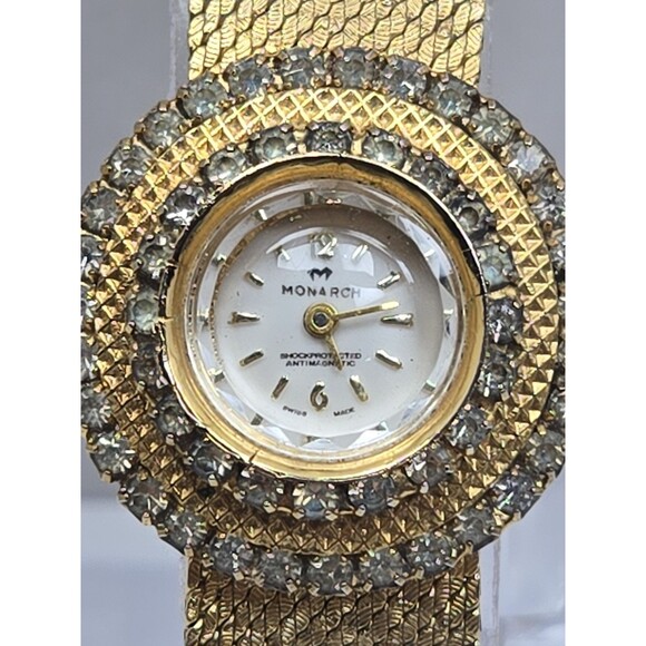 Womens Vintage Monarch Manual Wind Swiss Made Gold Tone Rhinestone Watch Runs main image 9